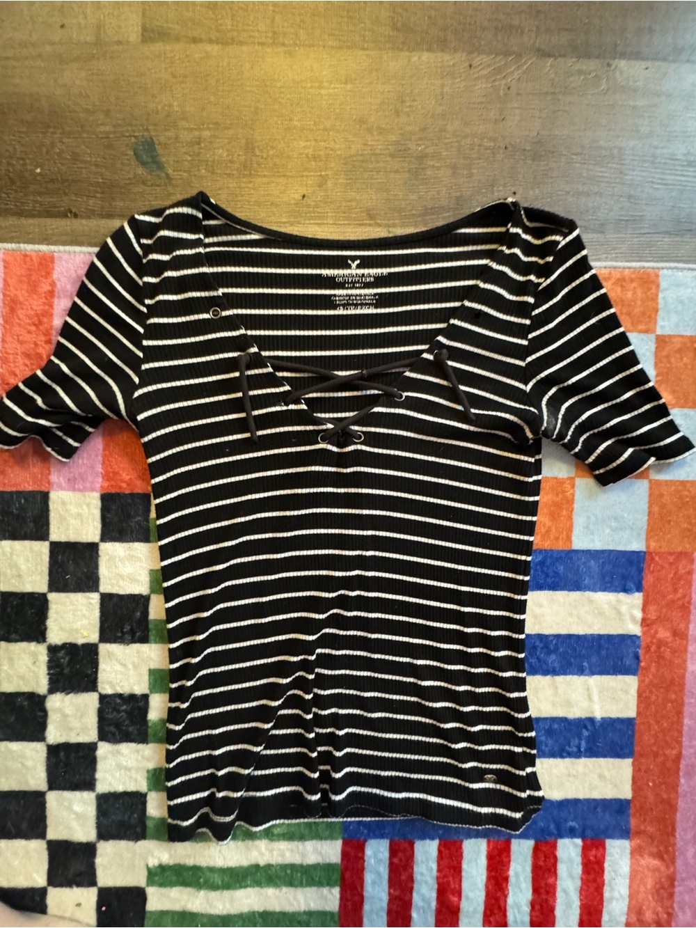 American Eagle Outfitters Black & White Striped Lace-Up Short Sleeve Top
